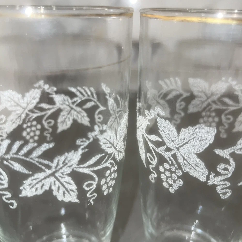 Vintage Bartlett Collins Set of 3 Grape Leaf Etched Glasses Gold Rim 1950s